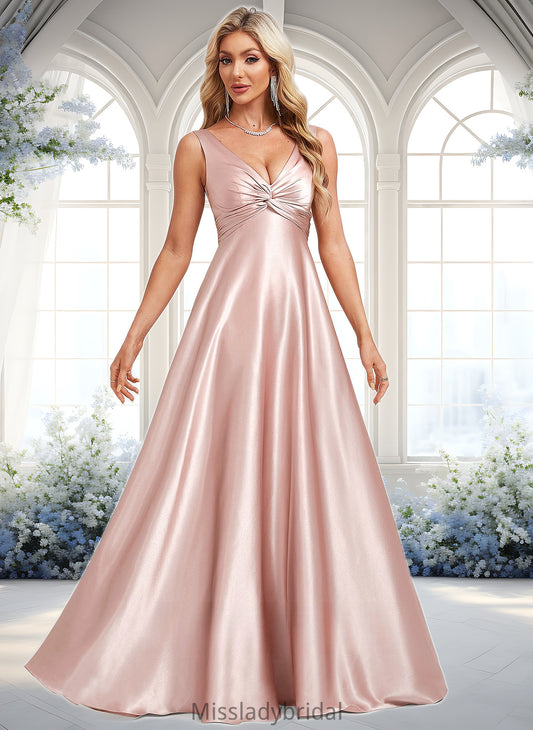 Kailyn A-line V-Neck Floor-Length Stretch Satin Bridesmaid Dress DHP0025779