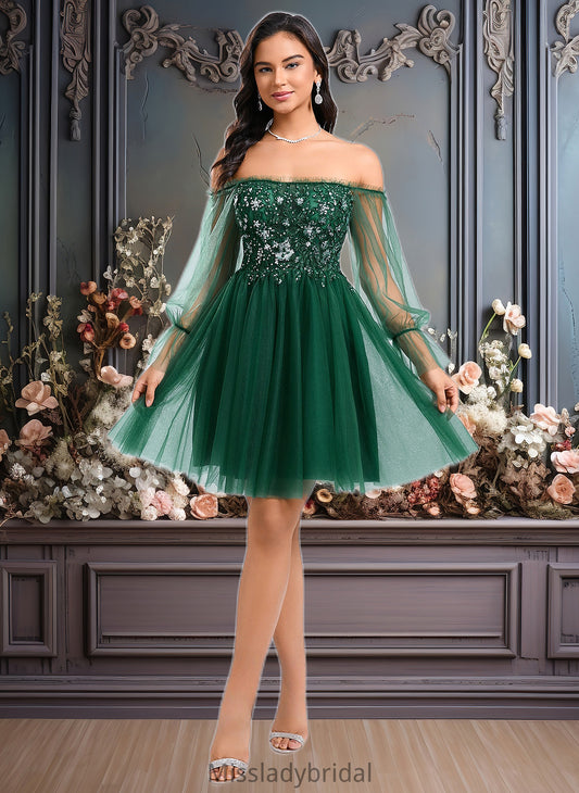 Kelsey A-line Off the Shoulder Short Tulle Homecoming Dress With Sequins Appliques Lace DHP0025663