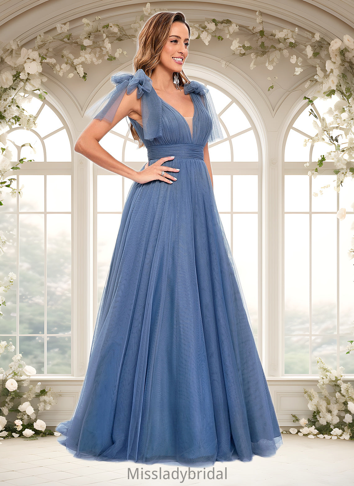 Valeria A-line V-Neck Sweep Train Tulle Prom Dresses With Bow DHP0025854