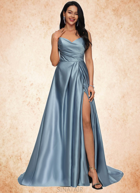 Rhoda Ball-Gown/Princess V-Neck Sweep Train Satin Prom Dresses DHP0022191