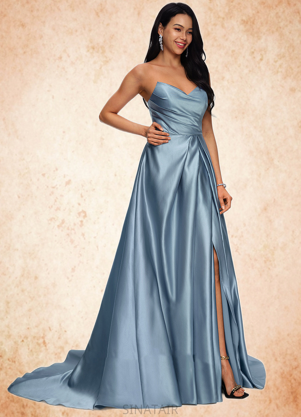 Rhoda Ball-Gown/Princess V-Neck Sweep Train Satin Prom Dresses DHP0022191