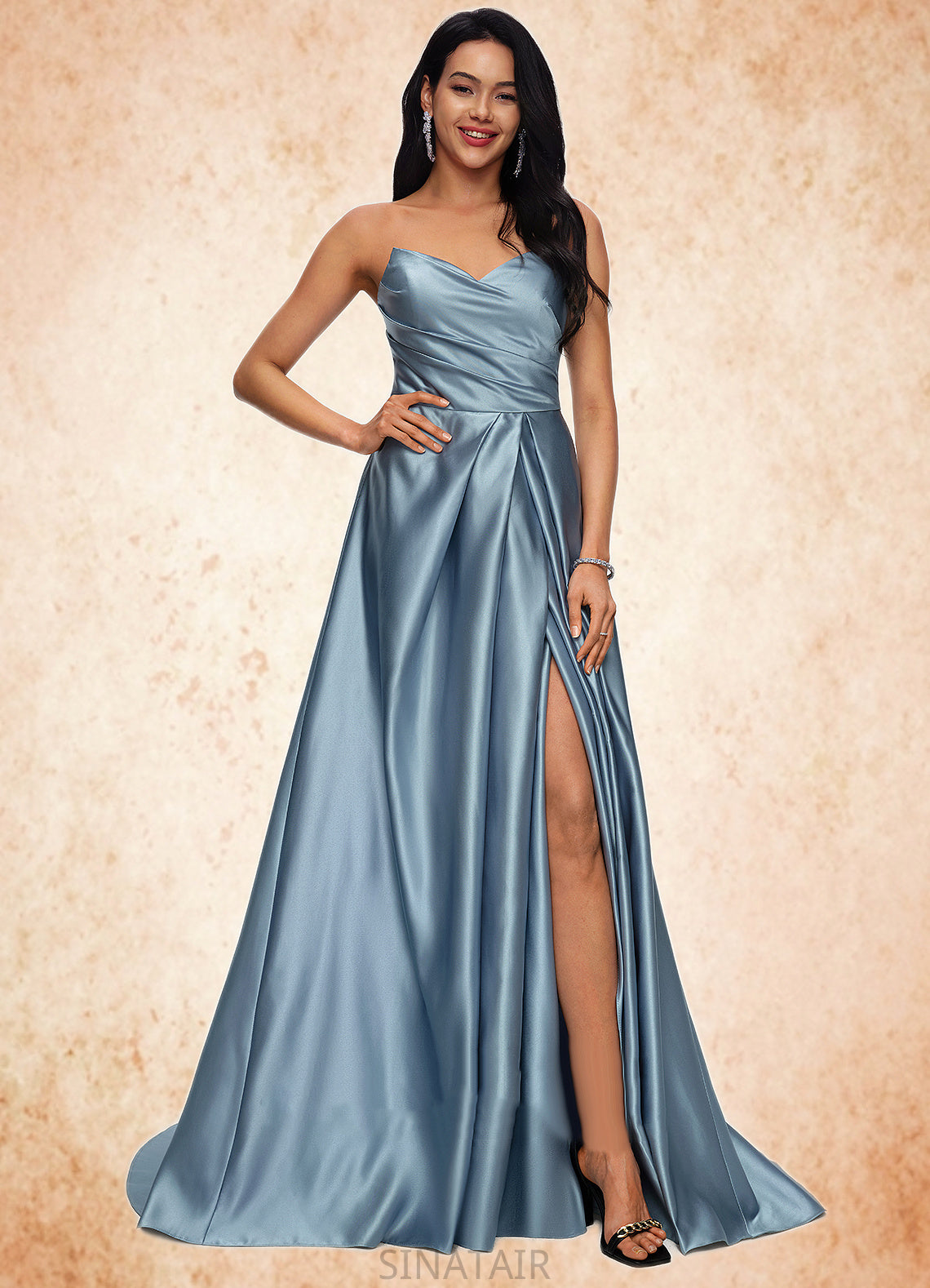 Rhoda Ball-Gown/Princess V-Neck Sweep Train Satin Prom Dresses DHP0022191