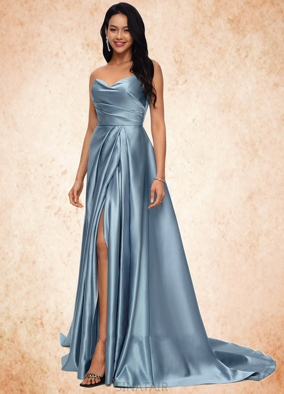 Rhoda Ball-Gown/Princess V-Neck Sweep Train Satin Prom Dresses DHP0022191