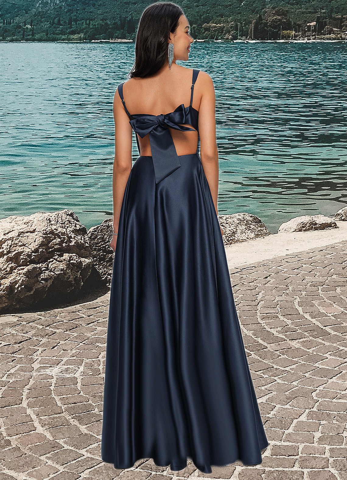 Abril A-line Straight Floor-Length Satin Prom Dresses With Bow DHP0022195