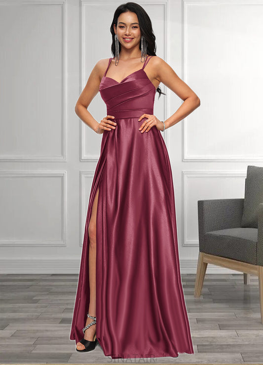 Lindsay A-line V-Neck Floor-Length Satin Prom Dresses DHP0022197