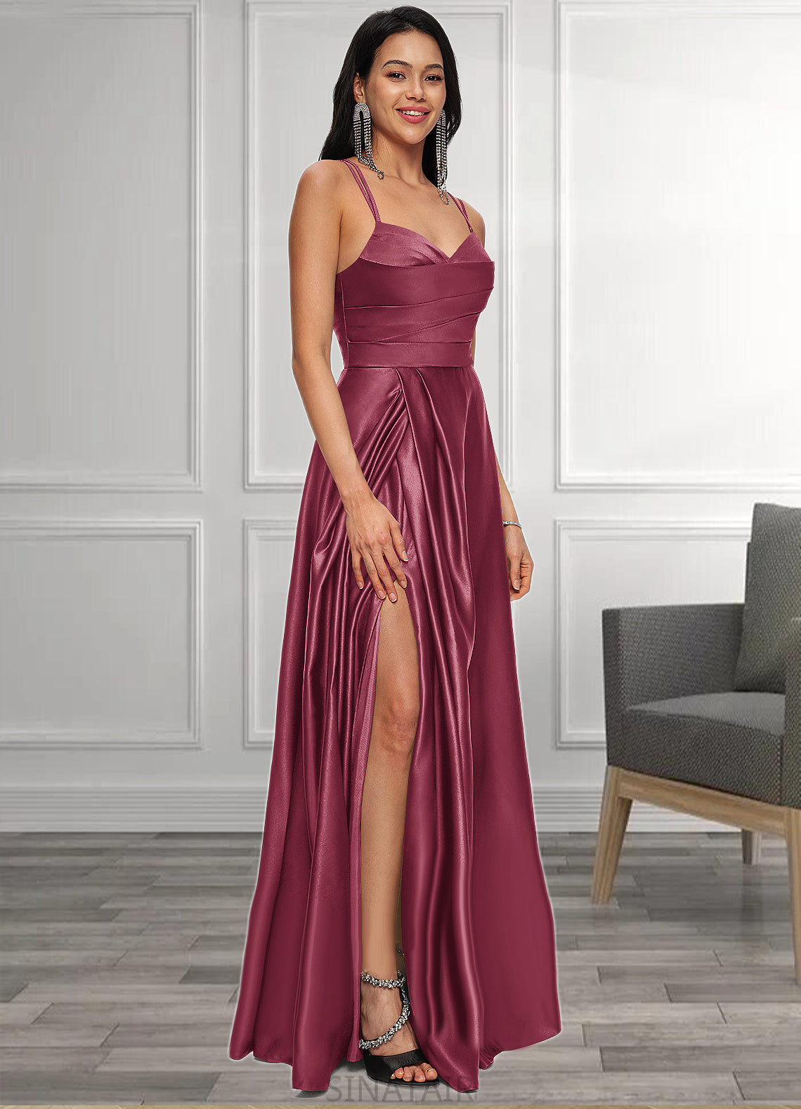 Lindsay A-line V-Neck Floor-Length Satin Prom Dresses DHP0022197