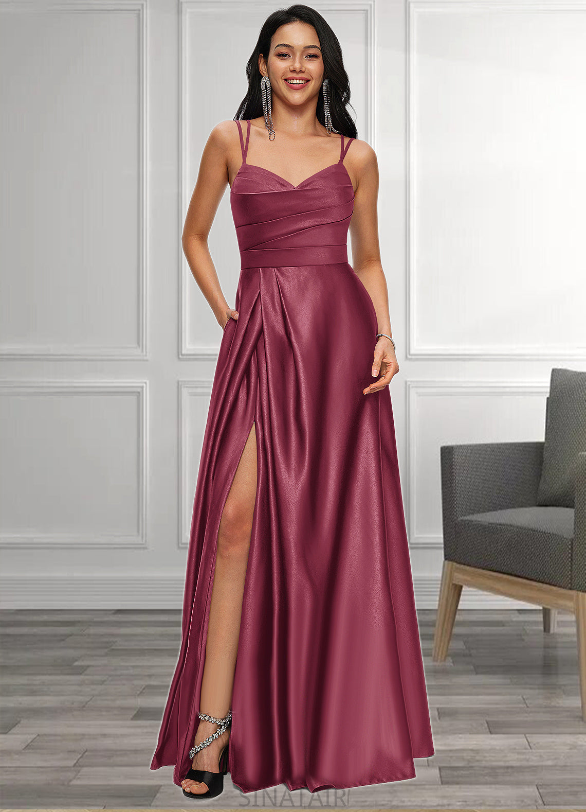 Lindsay A-line V-Neck Floor-Length Satin Prom Dresses DHP0022197