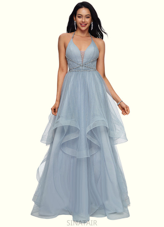 Amina Ball-Gown/Princess Halter V-Neck Floor-Length Tulle Prom Dresses With Beading Rhinestone Sequins DHP0022199