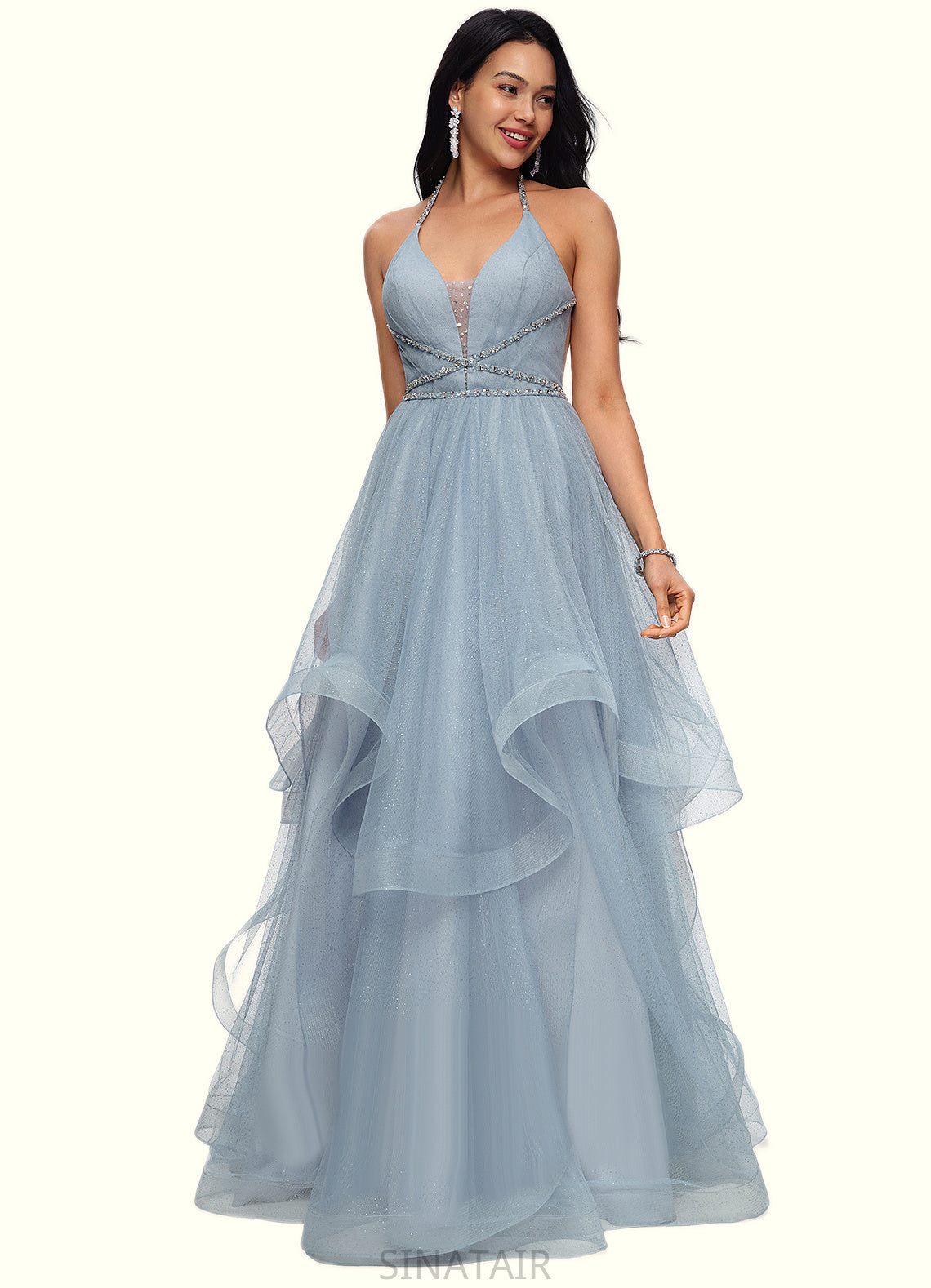 Amina Ball-Gown/Princess Halter V-Neck Floor-Length Tulle Prom Dresses With Beading Rhinestone Sequins DHP0022199