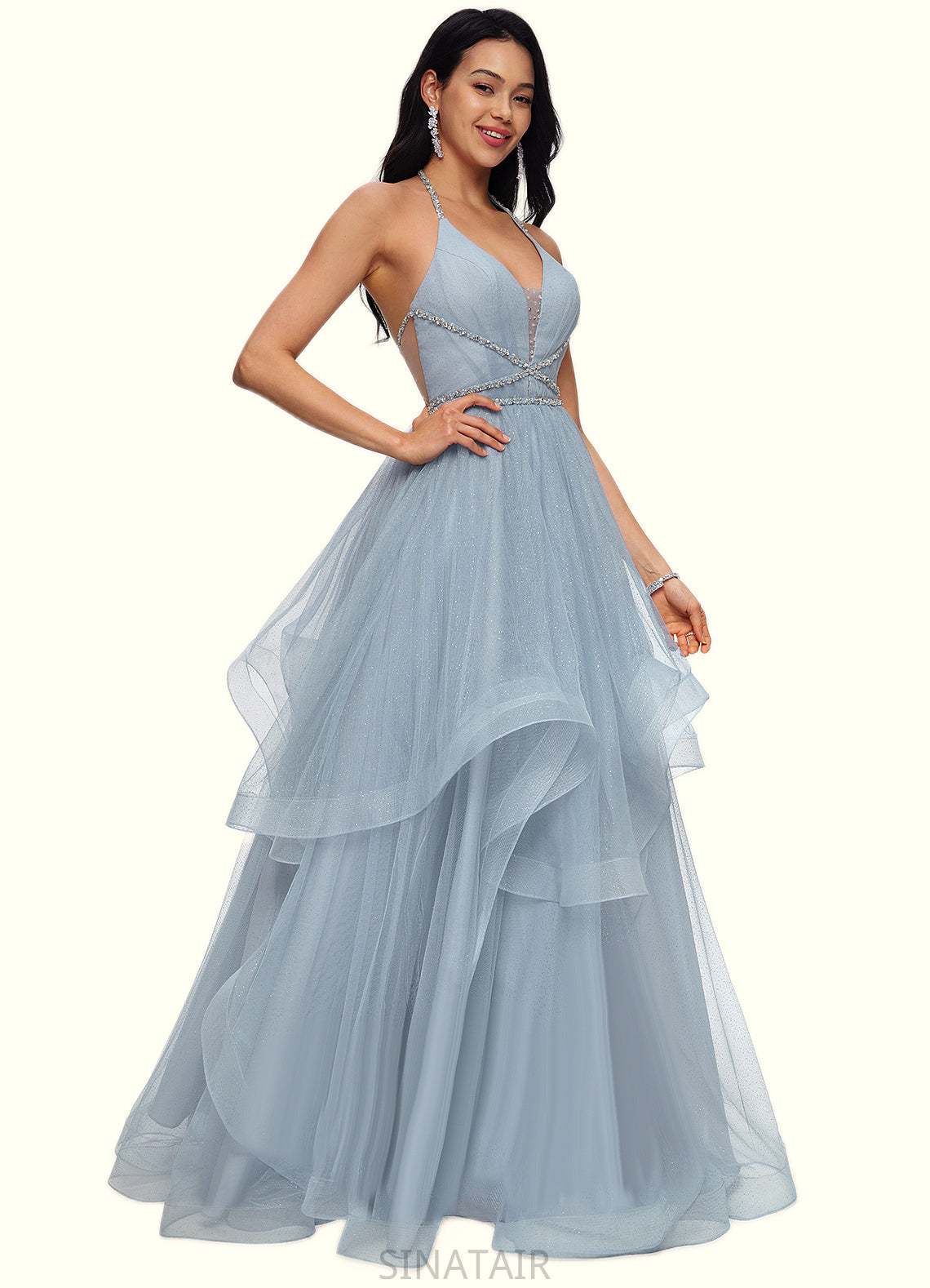 Amina Ball-Gown/Princess Halter V-Neck Floor-Length Tulle Prom Dresses With Beading Rhinestone Sequins DHP0022199