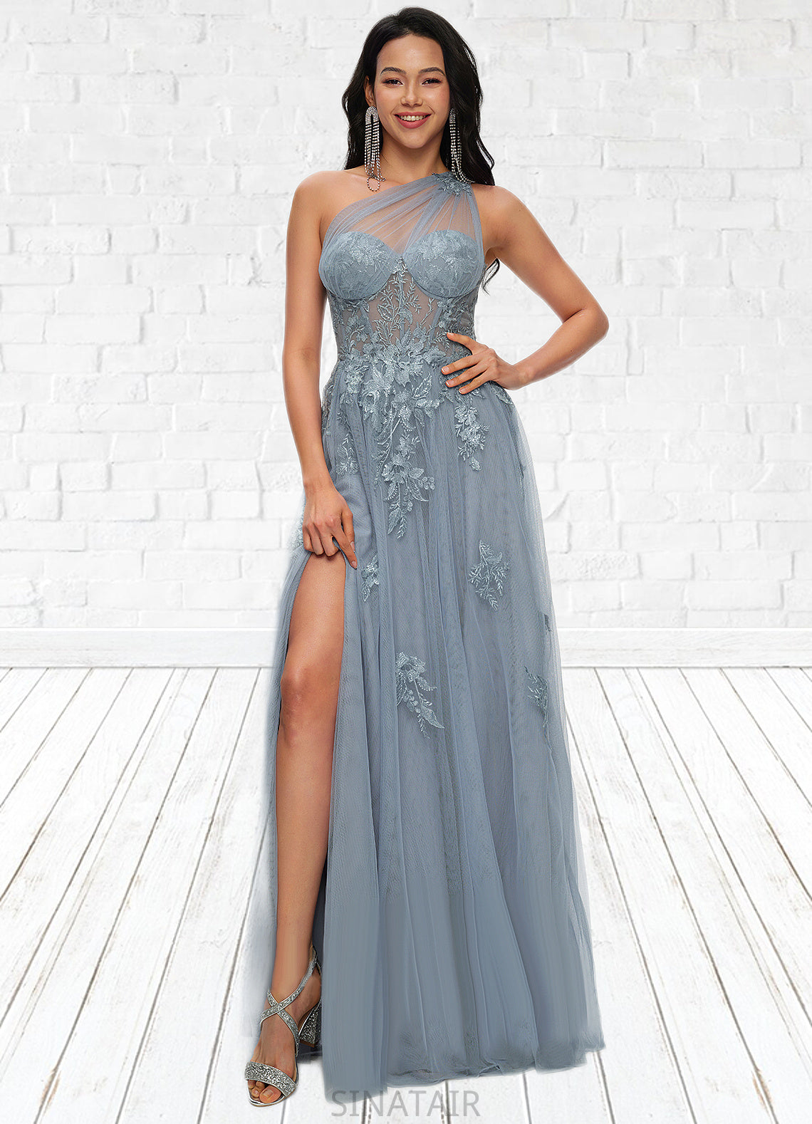 Desirae A-line One Shoulder Floor-Length Tulle Prom Dresses With Appliques Lace Sequins DHP0022200