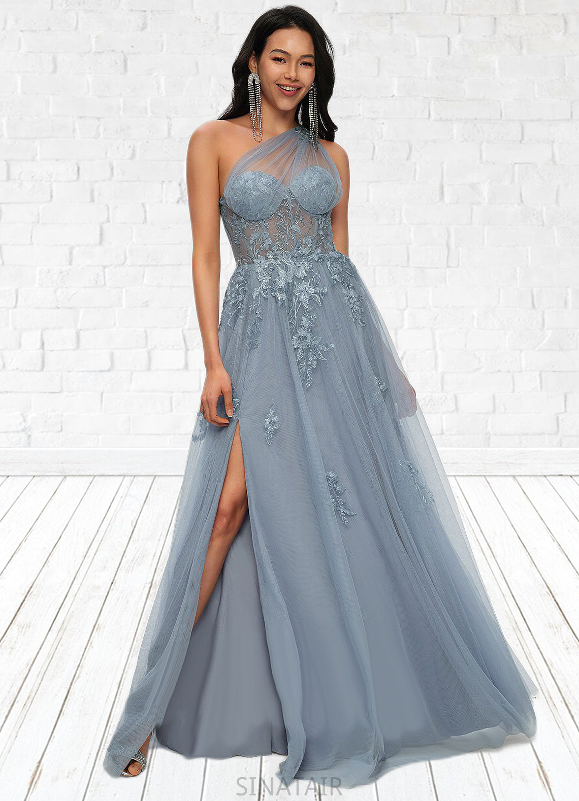 Desirae A-line One Shoulder Floor-Length Tulle Prom Dresses With Appliques Lace Sequins DHP0022200