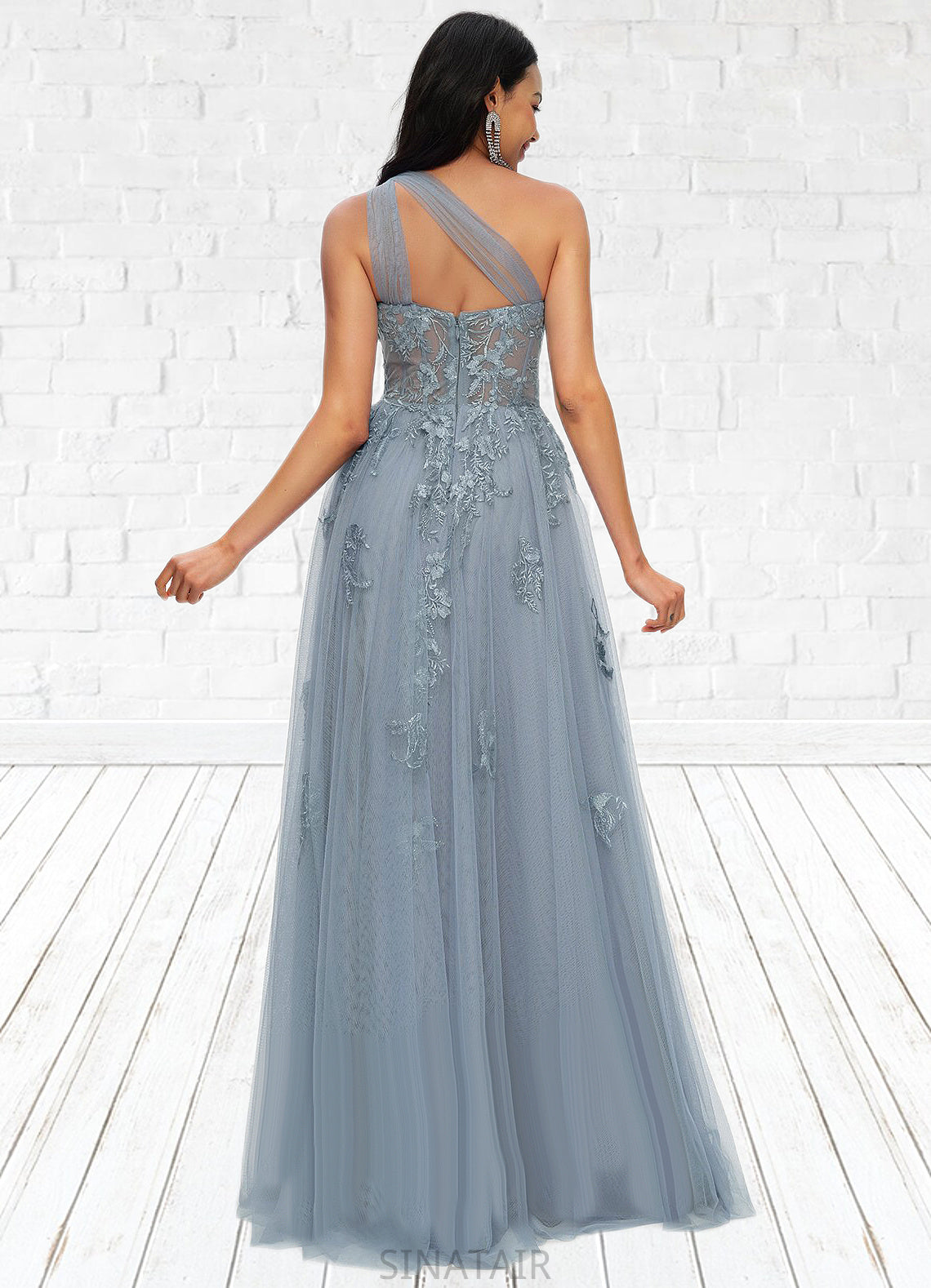 Desirae A-line One Shoulder Floor-Length Tulle Prom Dresses With Appliques Lace Sequins DHP0022200