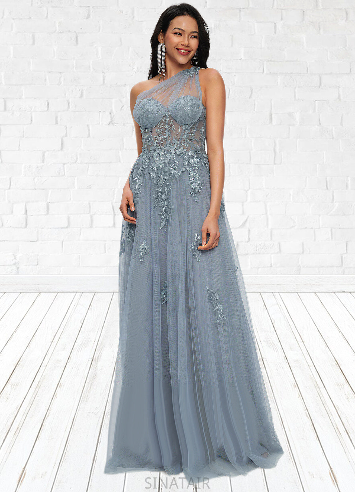 Desirae A-line One Shoulder Floor-Length Tulle Prom Dresses With Appliques Lace Sequins DHP0022200