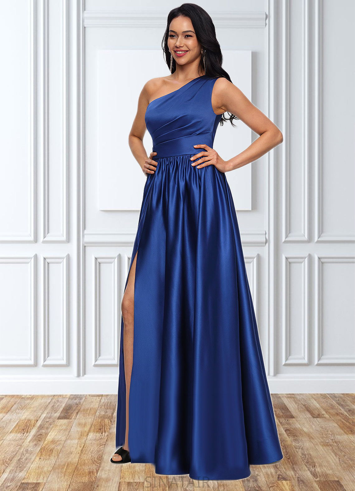 Reina Ball-Gown/Princess One Shoulder Floor-Length Satin Prom Dresses DHP0022201