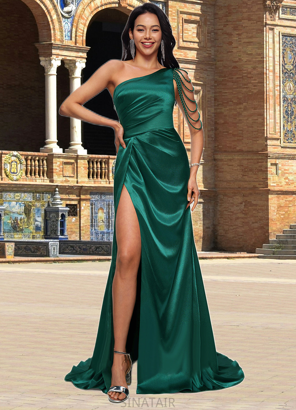 Robin Trumpet/Mermaid One Shoulder Sweep Train Stretch Satin Prom Dresses With Beading DHP0022205