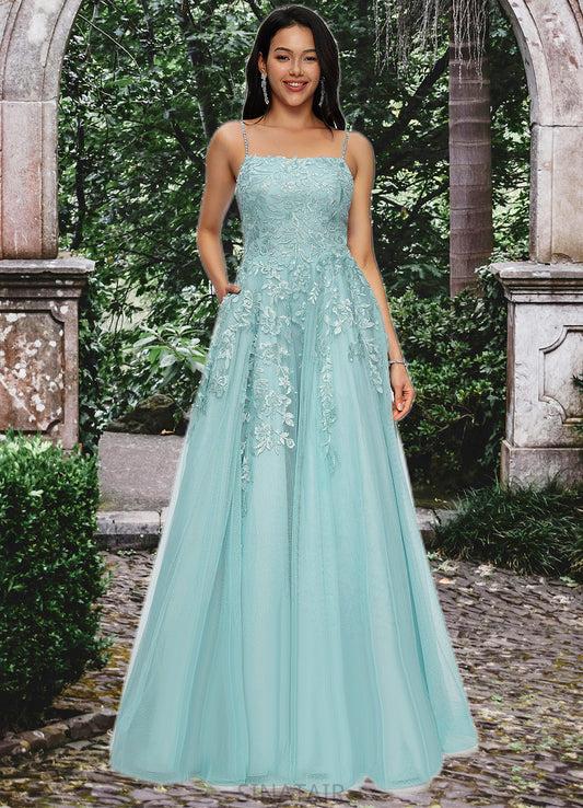 Shyanne Ball-Gown/Princess Straight Floor-Length Tulle Prom Dresses With Appliques Lace Sequins DHP0022206