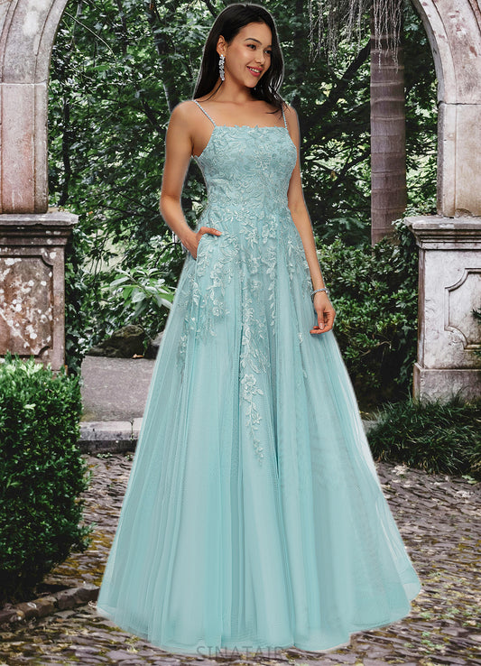 Shyanne Ball-Gown/Princess Straight Floor-Length Tulle Prom Dresses With Appliques Lace Sequins DHP0022206