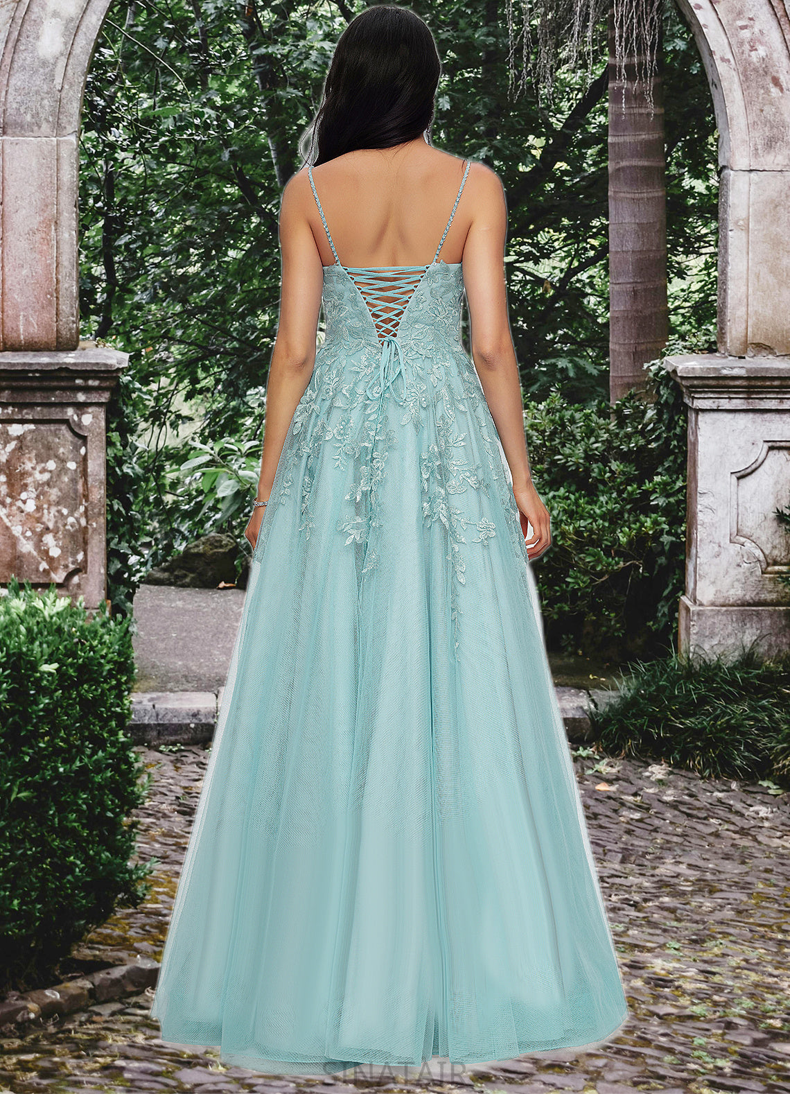 Shyanne Ball-Gown/Princess Straight Floor-Length Tulle Prom Dresses With Appliques Lace Sequins DHP0022206