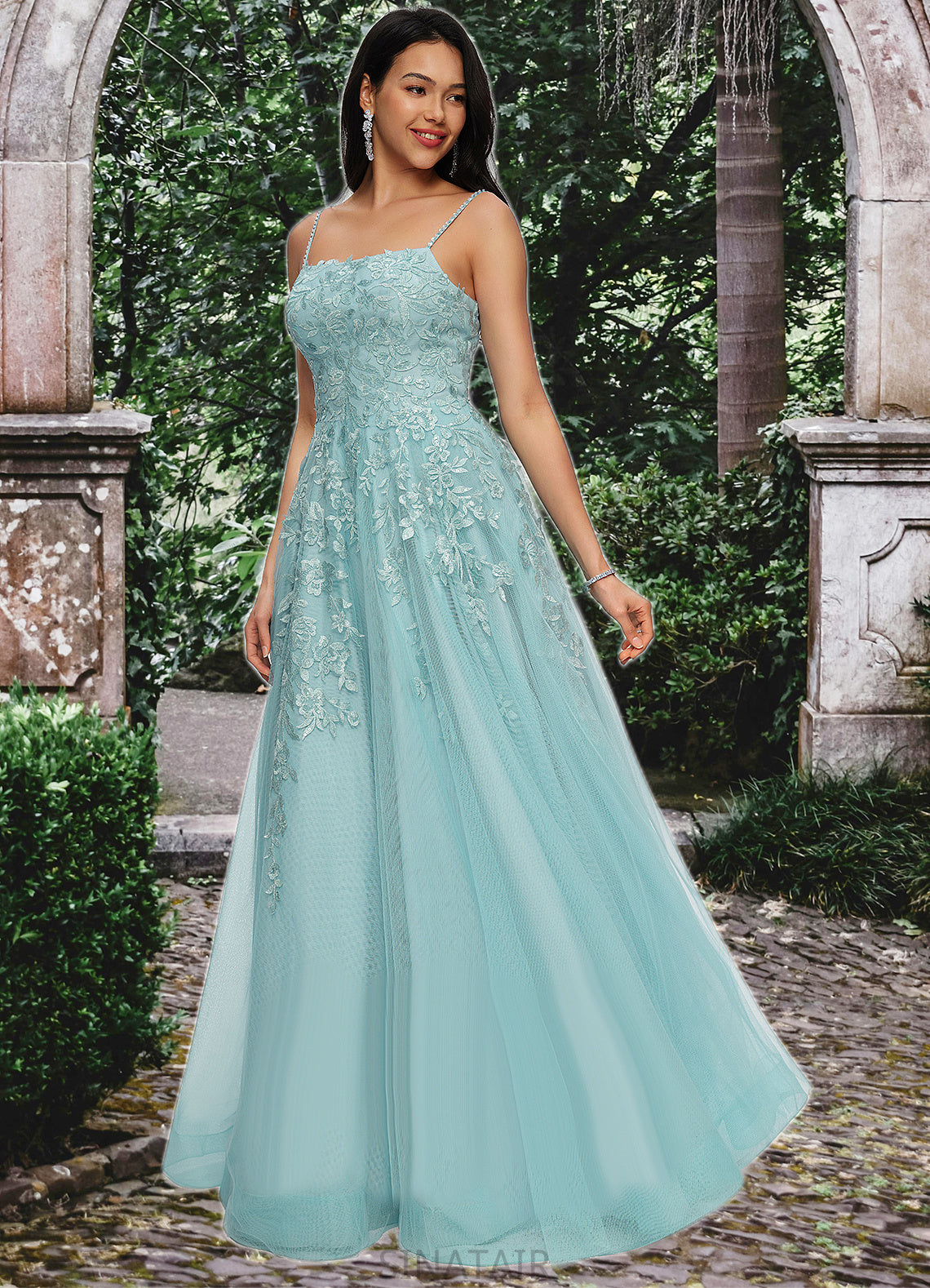 Shyanne Ball-Gown/Princess Straight Floor-Length Tulle Prom Dresses With Appliques Lace Sequins DHP0022206