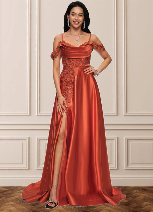 Selah A-line Off the Shoulder Sweep Train Satin Prom Dresses With Rhinestone DHP0022208