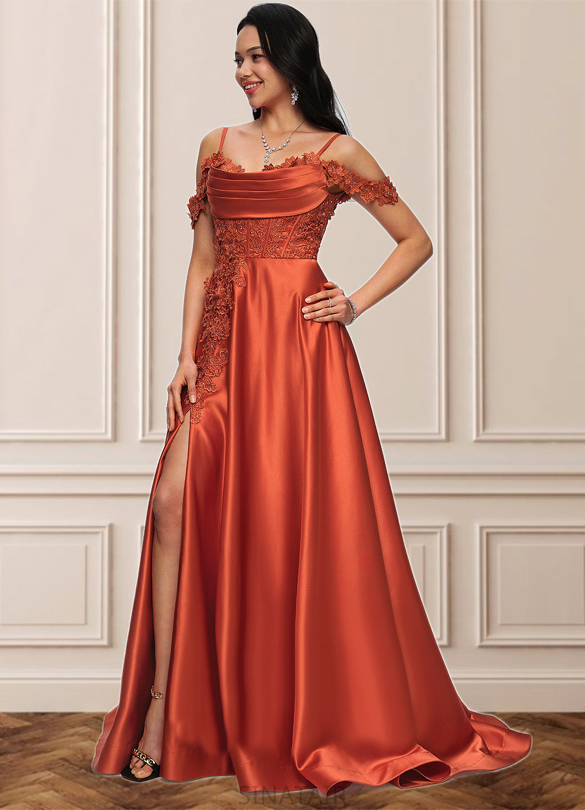 Selah A-line Off the Shoulder Sweep Train Satin Prom Dresses With Rhinestone DHP0022208