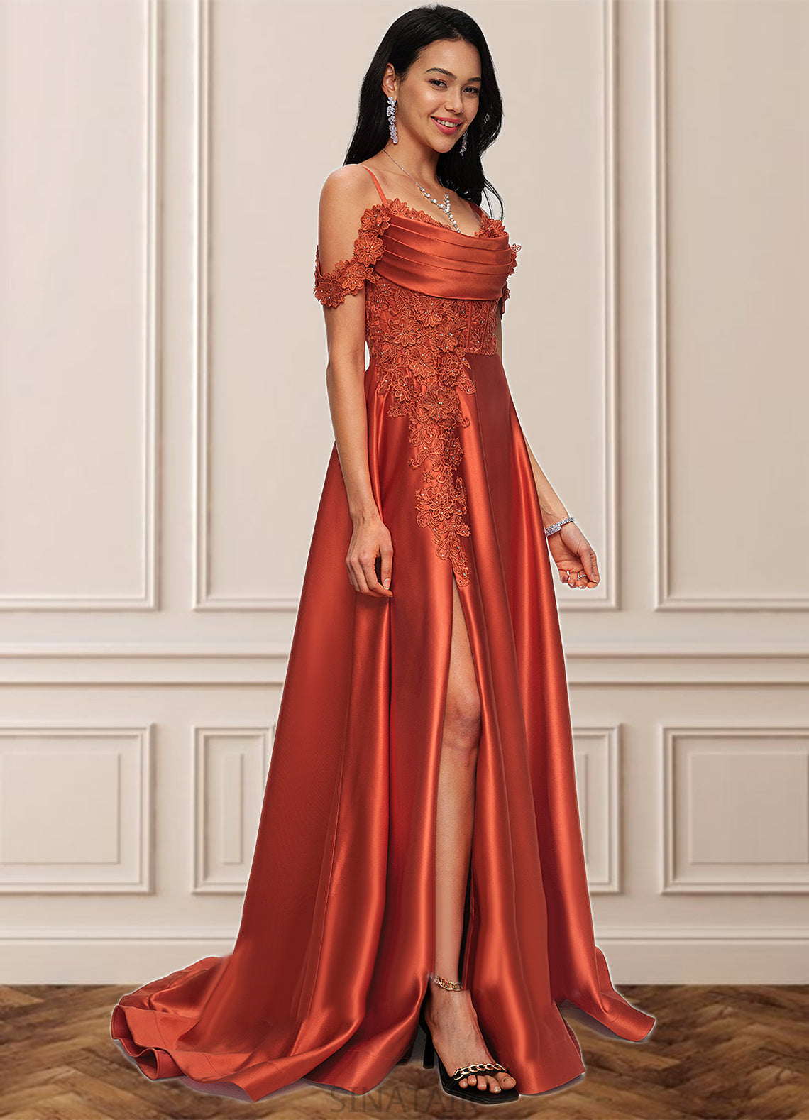 Selah A-line Off the Shoulder Sweep Train Satin Prom Dresses With Rhinestone DHP0022208