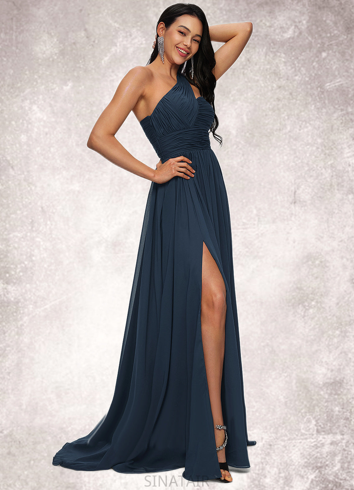 Nicky A-line Asymmetrical Sweep Train Chiffon Prom Dresses With Pleated DHP0022212