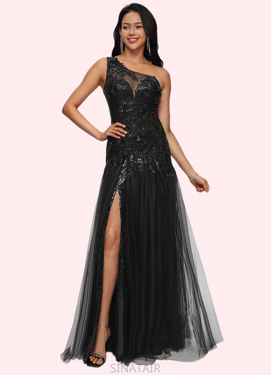 Maritza Trumpet/Mermaid One Shoulder Illusion Floor-Length Lace Tulle Prom Dresses With Sequins DHP0022217