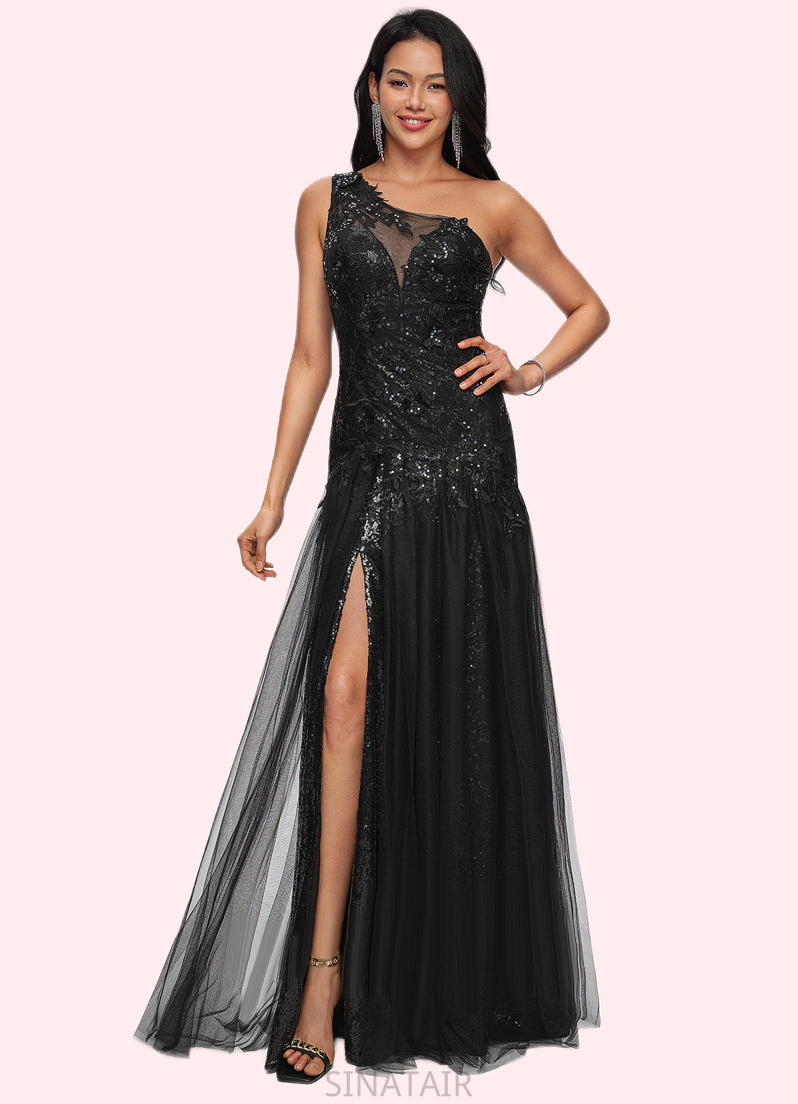 Maritza Trumpet/Mermaid One Shoulder Illusion Floor-Length Lace Tulle Prom Dresses With Sequins DHP0022217