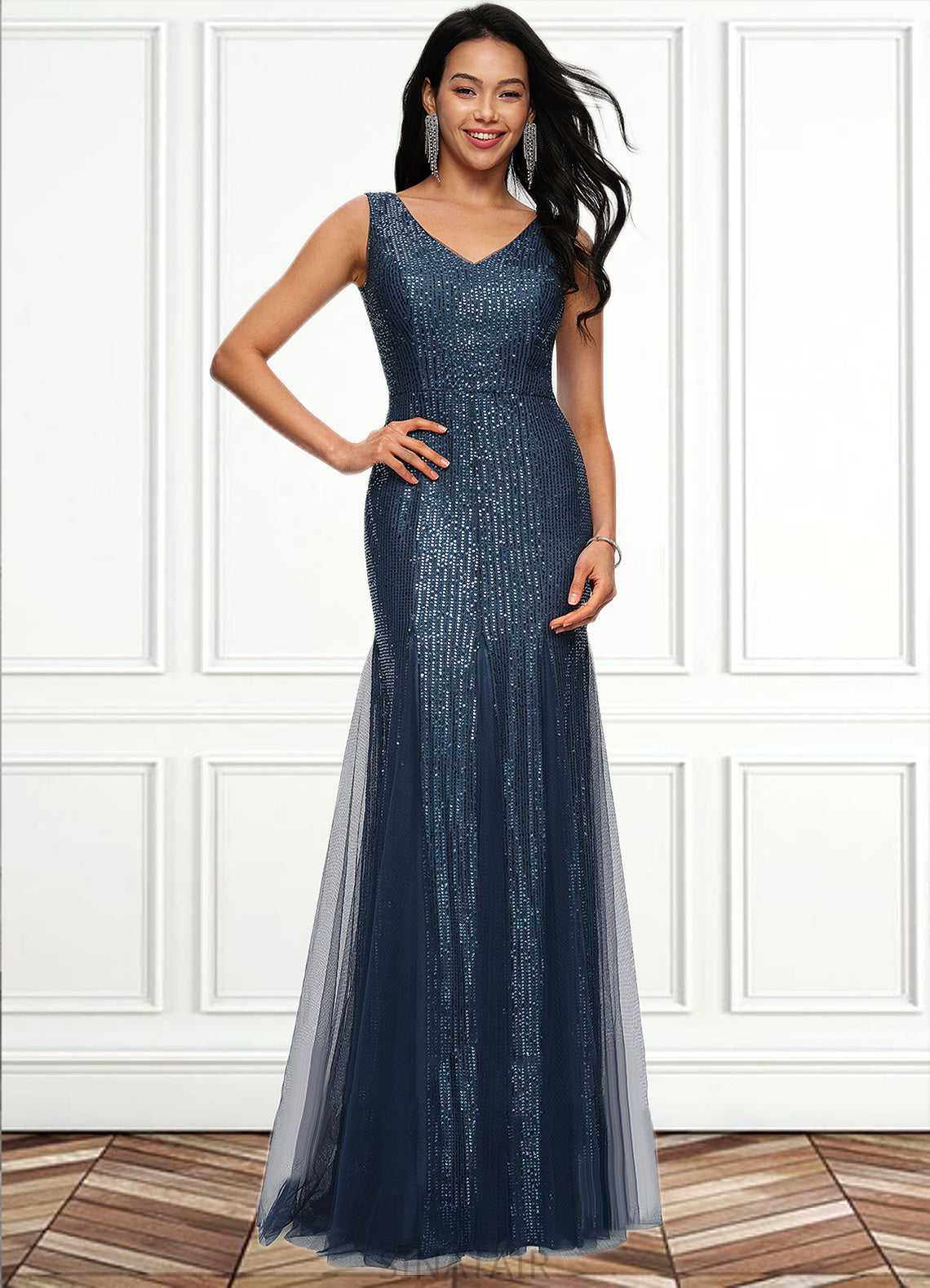 Kaley Sheath/Column V-Neck Floor-Length Sequin Prom Dresses DHP0022218