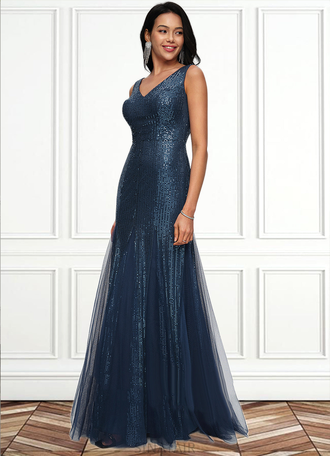 Kaley Sheath/Column V-Neck Floor-Length Sequin Prom Dresses DHP0022218