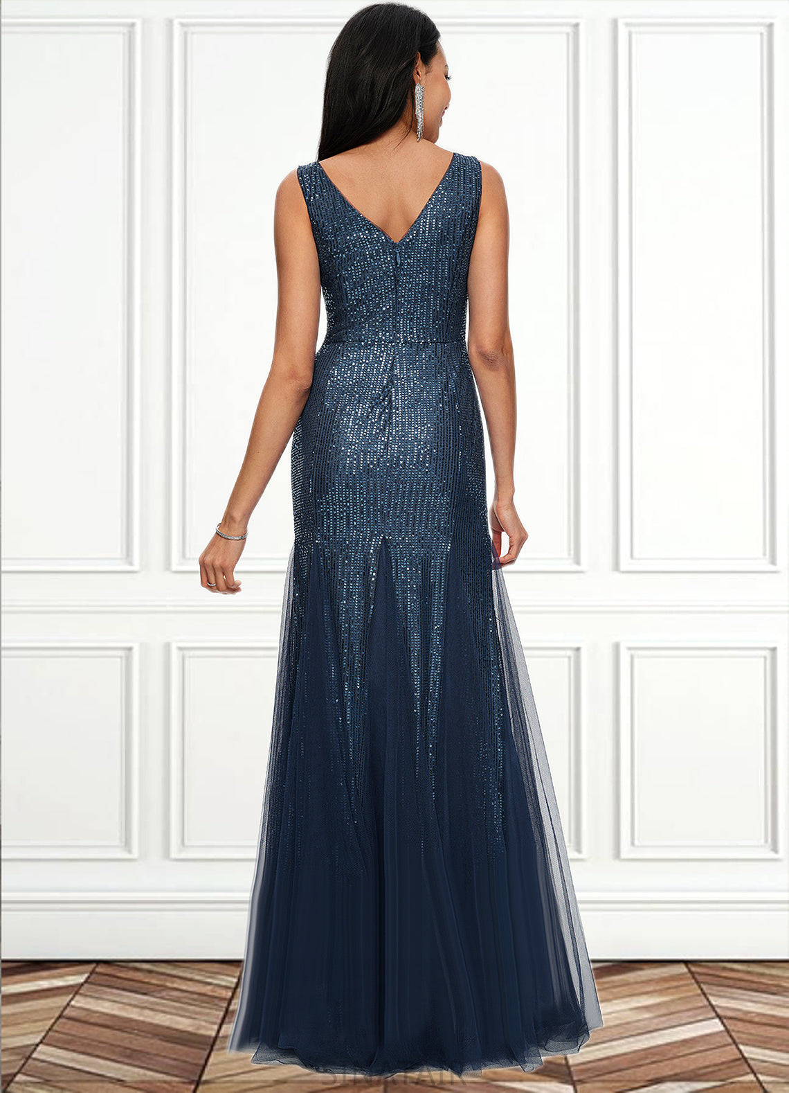 Kaley Sheath/Column V-Neck Floor-Length Sequin Prom Dresses DHP0022218