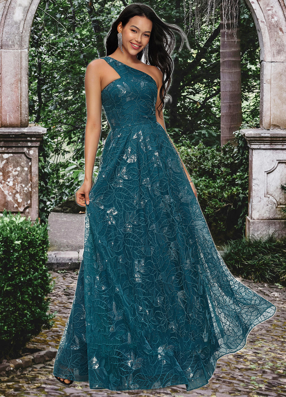 Giovanna A-line Asymmetrical Floor-Length Lace Prom Dresses With Sequins DHP0022219