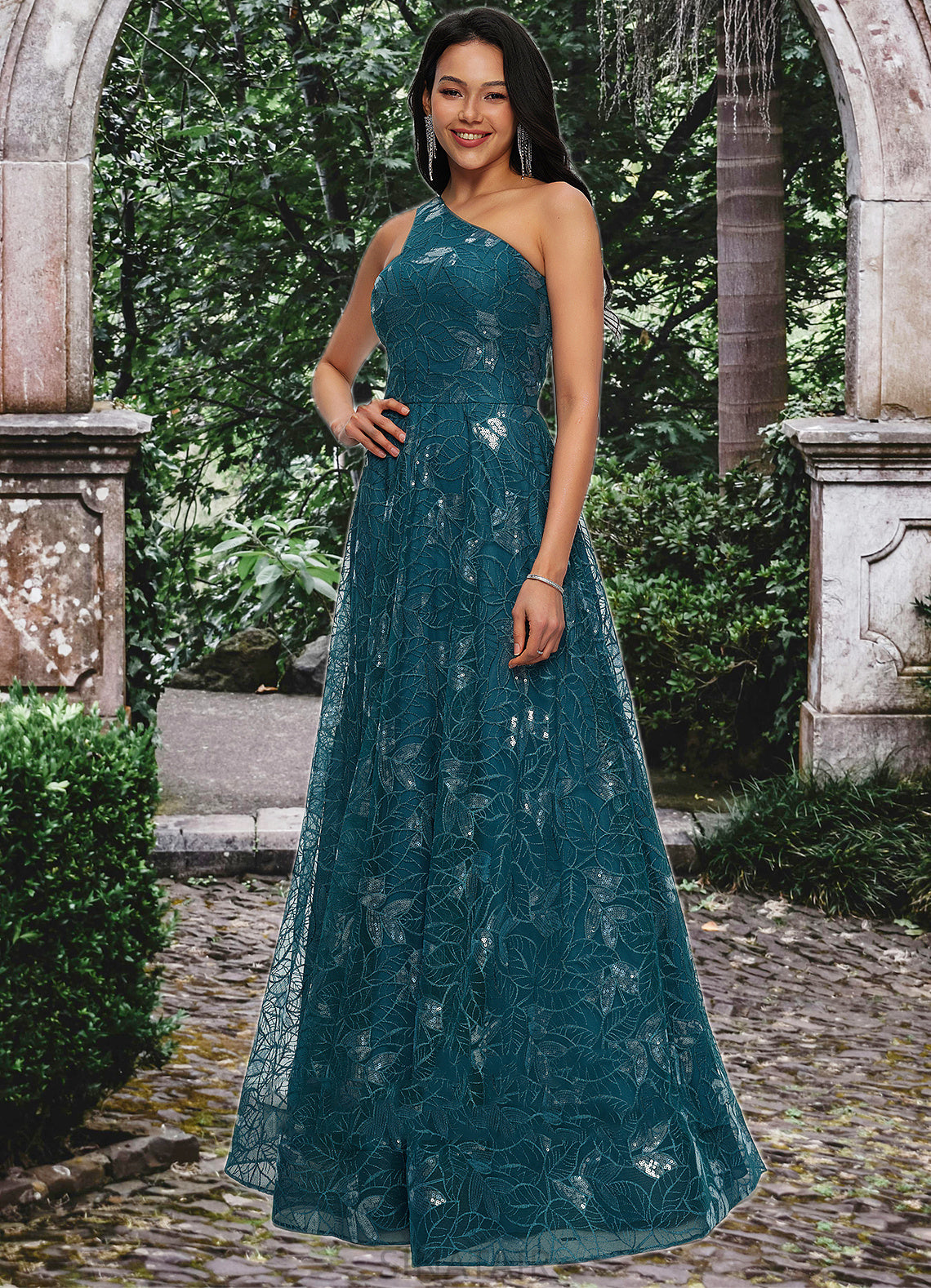 Giovanna A-line Asymmetrical Floor-Length Lace Prom Dresses With Sequins DHP0022219