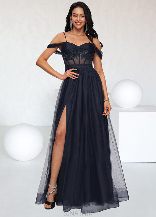 Makena Ball-Gown/Princess Off the Shoulder Floor-Length Tulle Prom Dresses With Appliques Lace Sequins DHP0022221