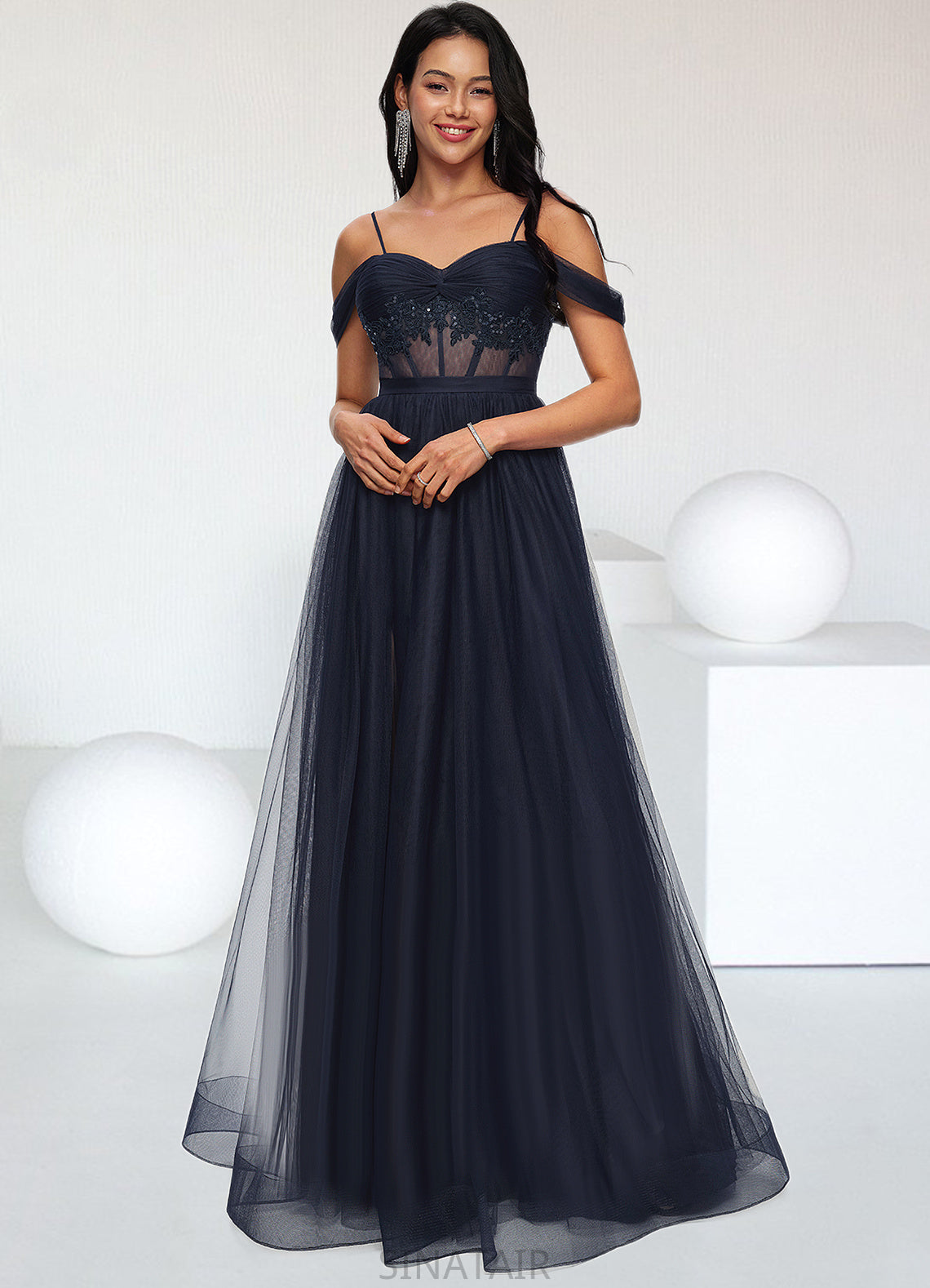 Makena Ball-Gown/Princess Off the Shoulder Floor-Length Tulle Prom Dresses With Appliques Lace Sequins DHP0022221