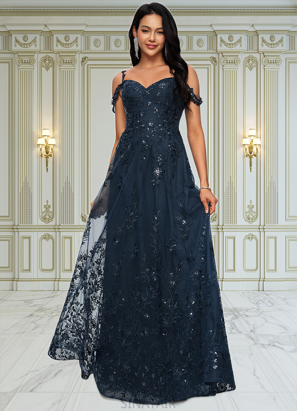 Dylan A-line V-Neck Floor-Length Lace Prom Dresses With Sequins DHP0022222