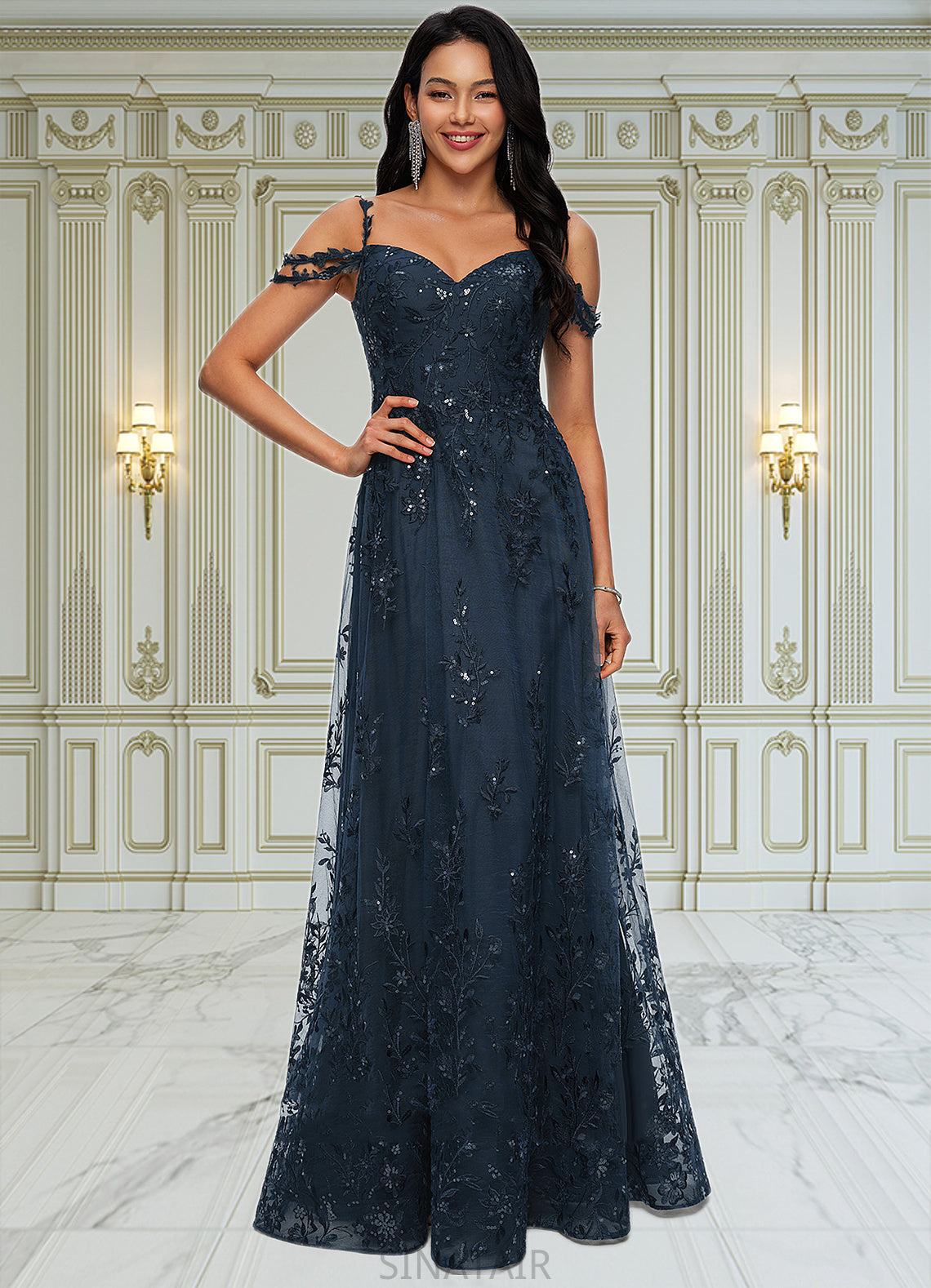 Dylan A-line V-Neck Floor-Length Lace Prom Dresses With Sequins DHP0022222