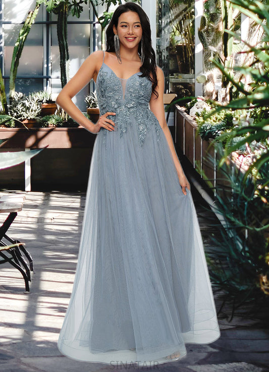 Anastasia A-line V-Neck Floor-Length Tulle Prom Dresses With Appliques Lace Sequins DHP0022223