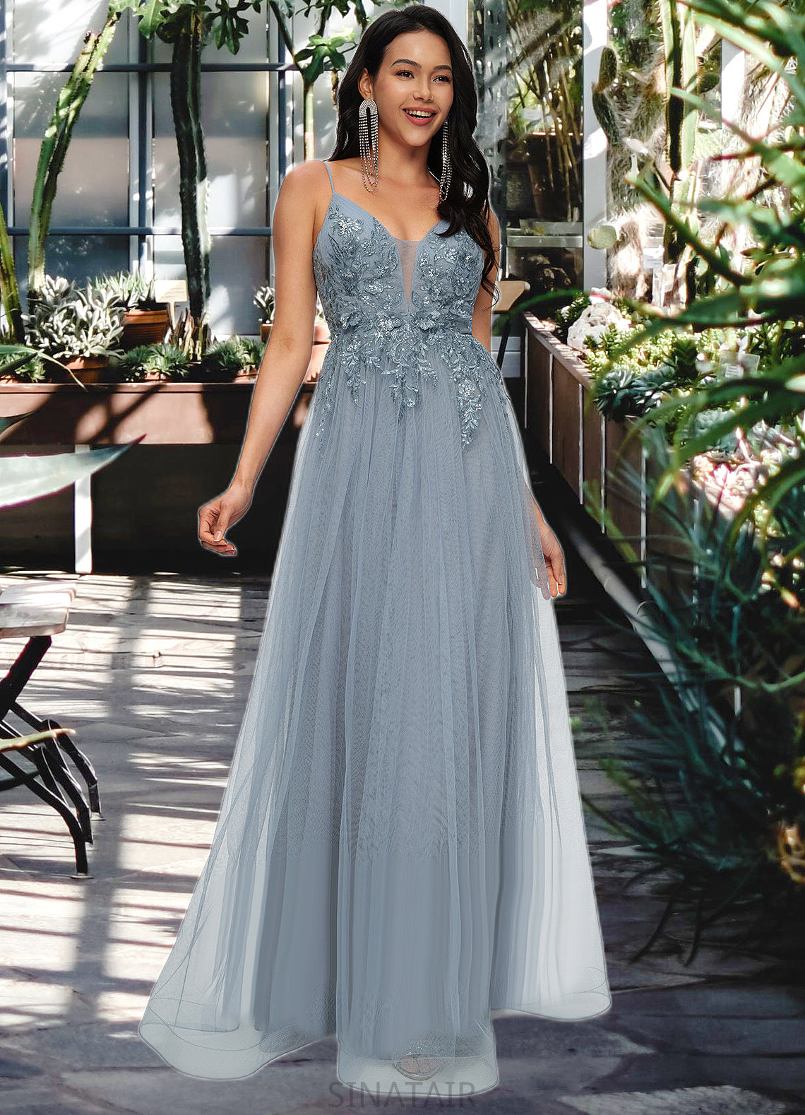 Anastasia A-line V-Neck Floor-Length Tulle Prom Dresses With Appliques Lace Sequins DHP0022223