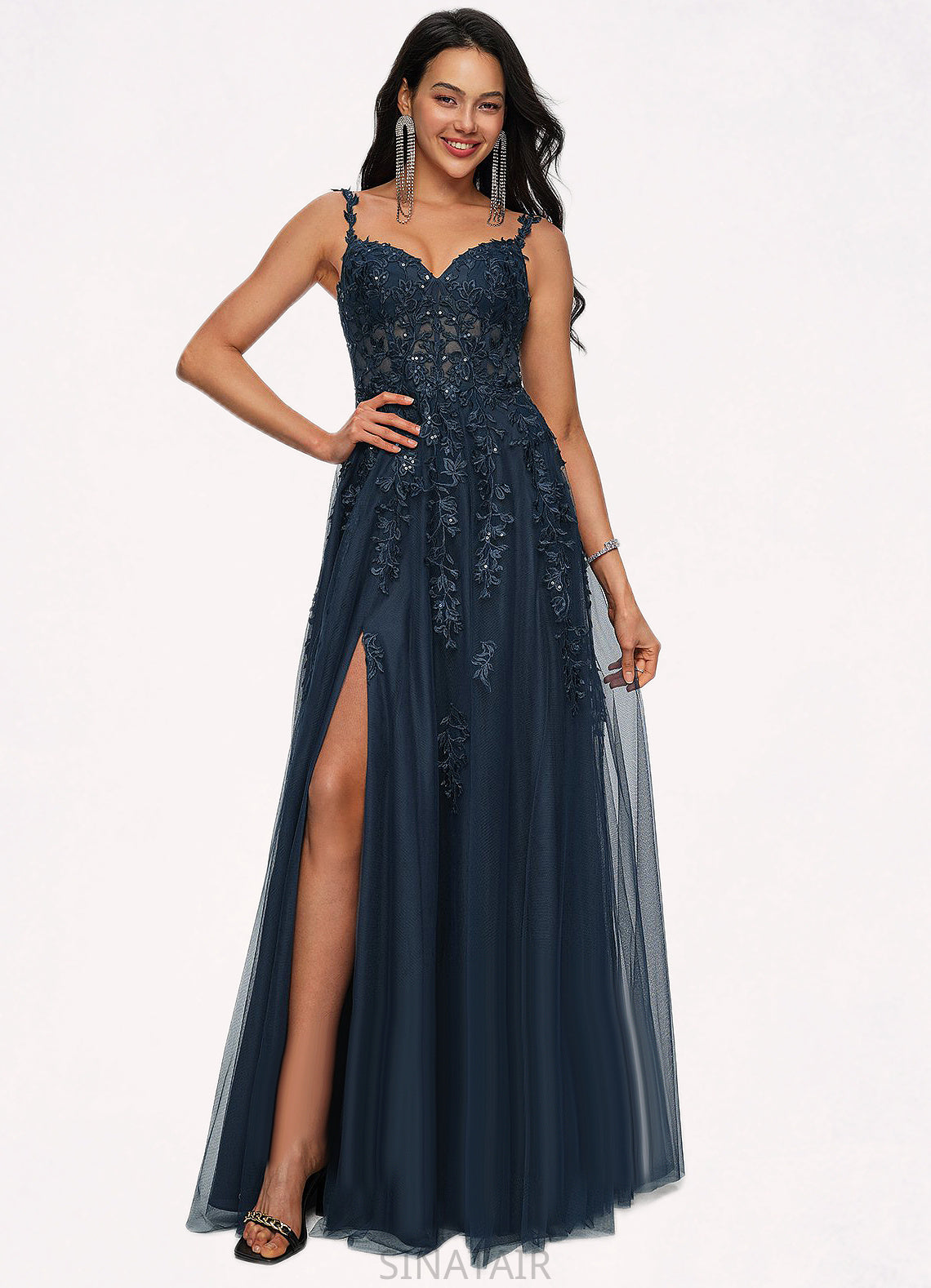 Riya A-line V-Neck Floor-Length Tulle Prom Dresses With Sequins DHP0022224