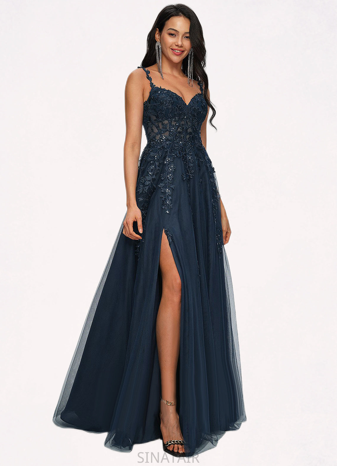 Riya A-line V-Neck Floor-Length Tulle Prom Dresses With Sequins DHP0022224