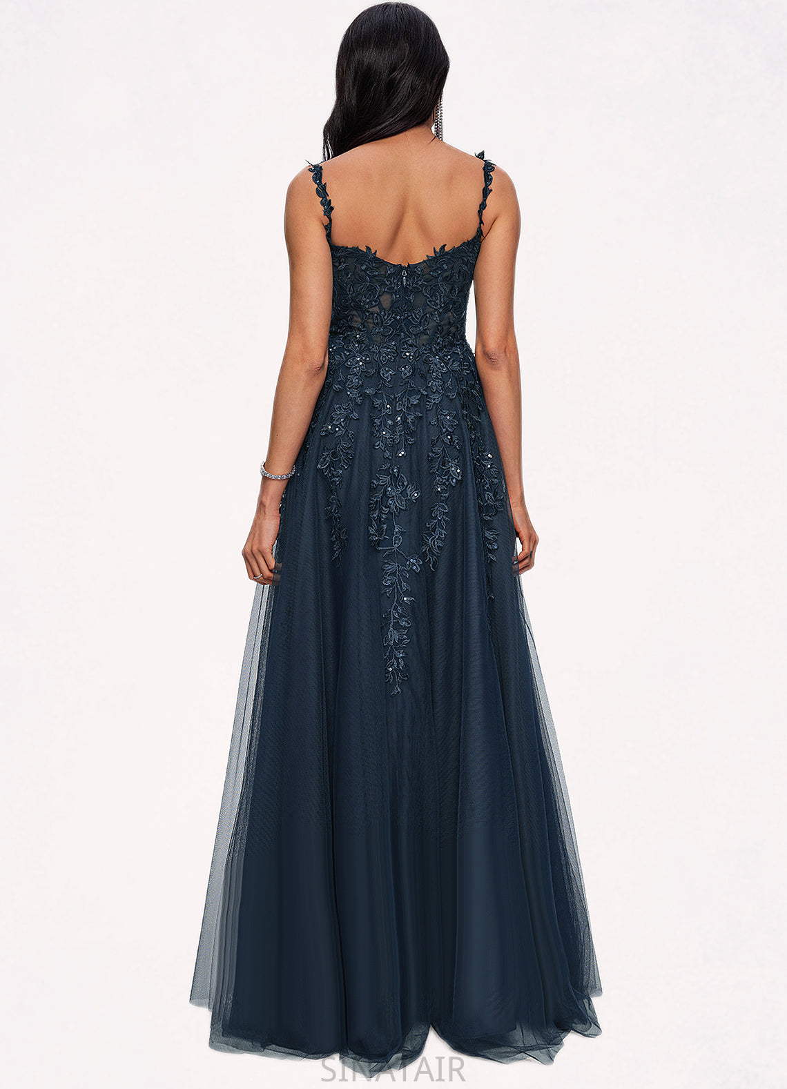 Riya A-line V-Neck Floor-Length Tulle Prom Dresses With Sequins DHP0022224