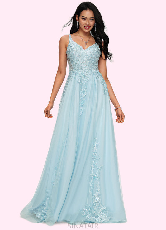 Shyla A-line V-Neck Floor-Length Tulle Prom Dresses With Rhinestone Appliques Lace Sequins DHP0022225