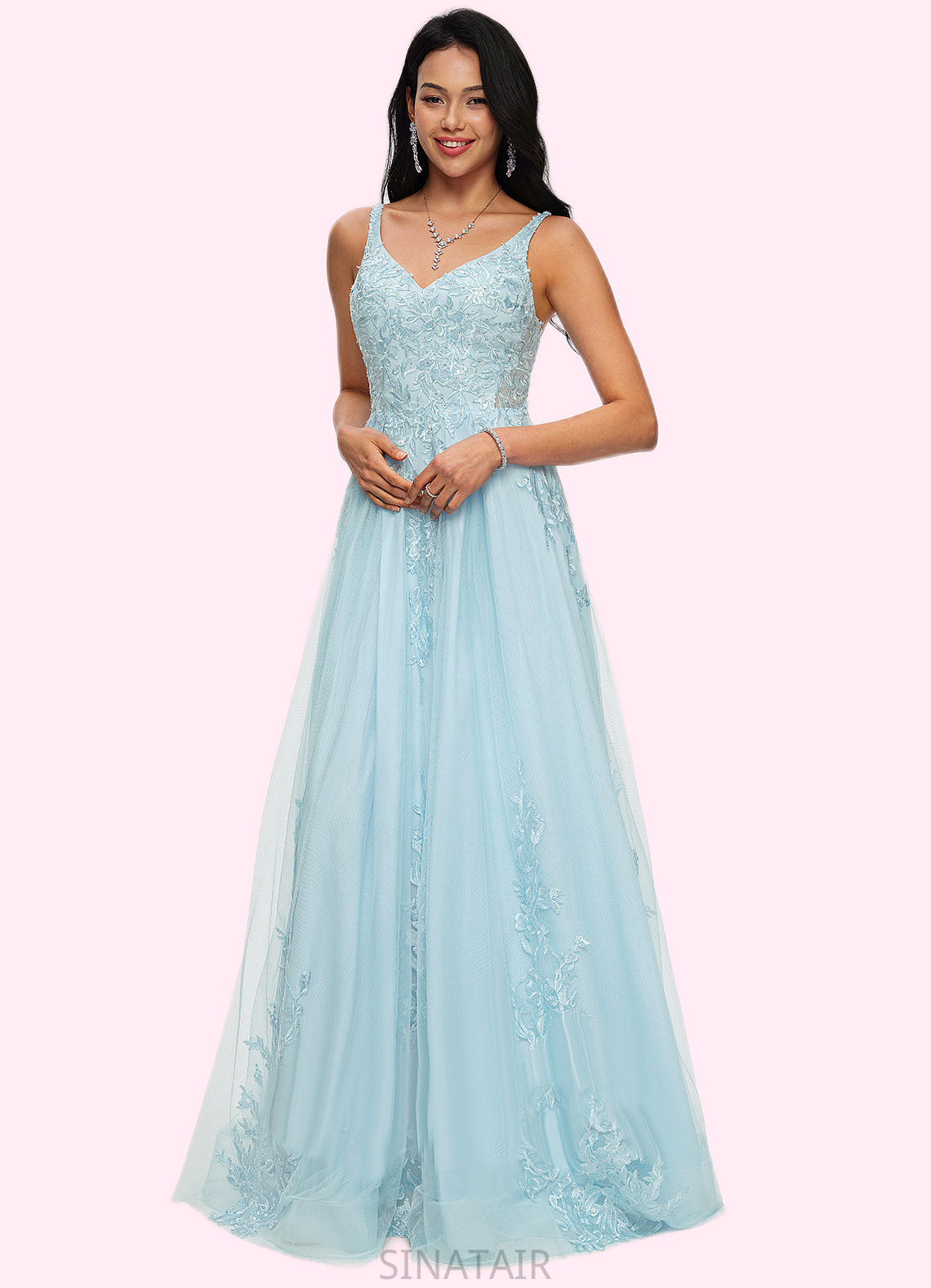 Shyla A-line V-Neck Floor-Length Tulle Prom Dresses With Rhinestone Appliques Lace Sequins DHP0022225