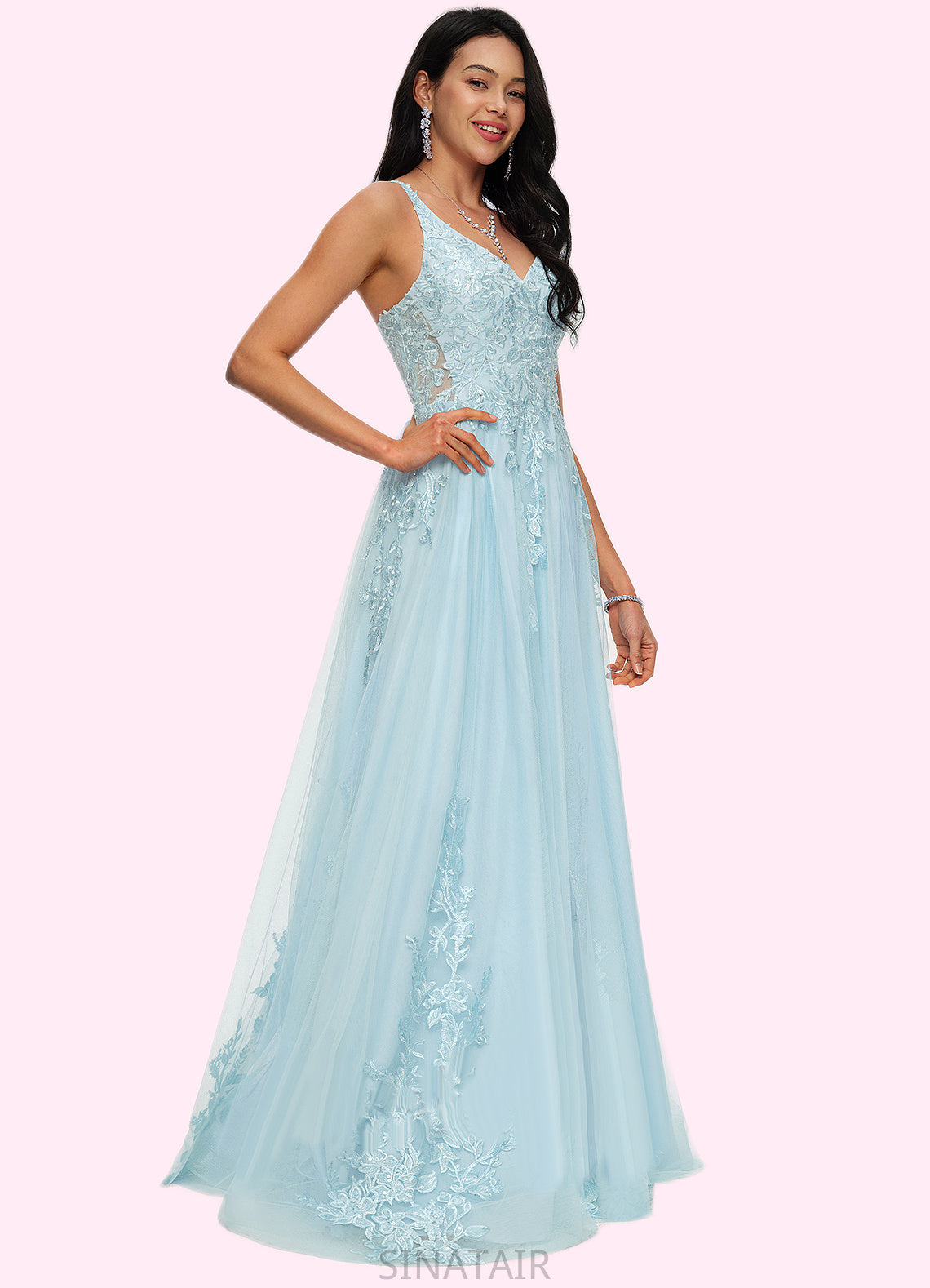 Shyla A-line V-Neck Floor-Length Tulle Prom Dresses With Rhinestone Appliques Lace Sequins DHP0022225