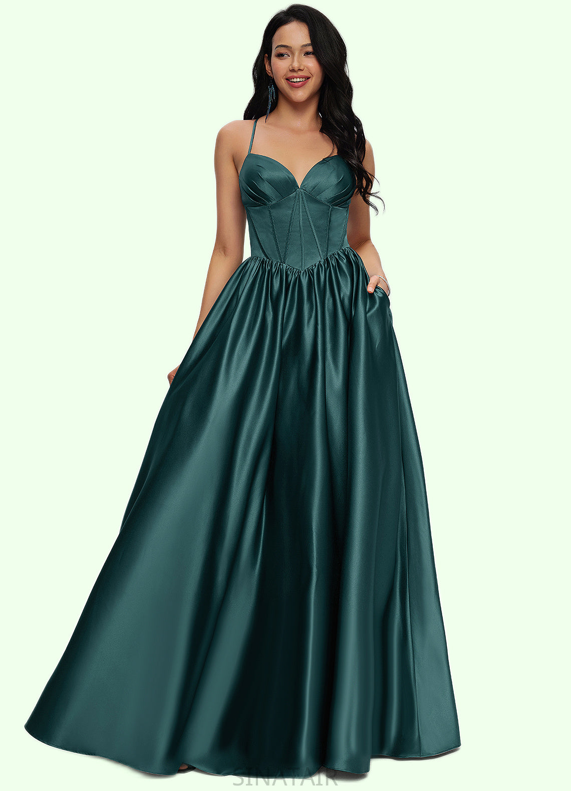 Riya Ball-Gown/Princess V-Neck Floor-Length Satin Prom Dresses With Pleated DHP0022230