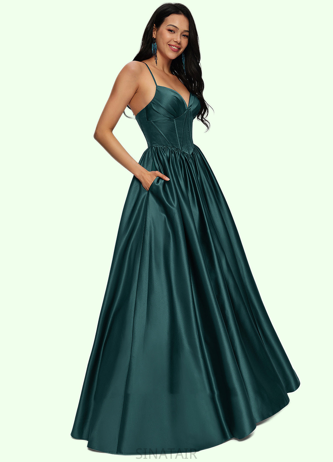 Riya Ball-Gown/Princess V-Neck Floor-Length Satin Prom Dresses With Pleated DHP0022230