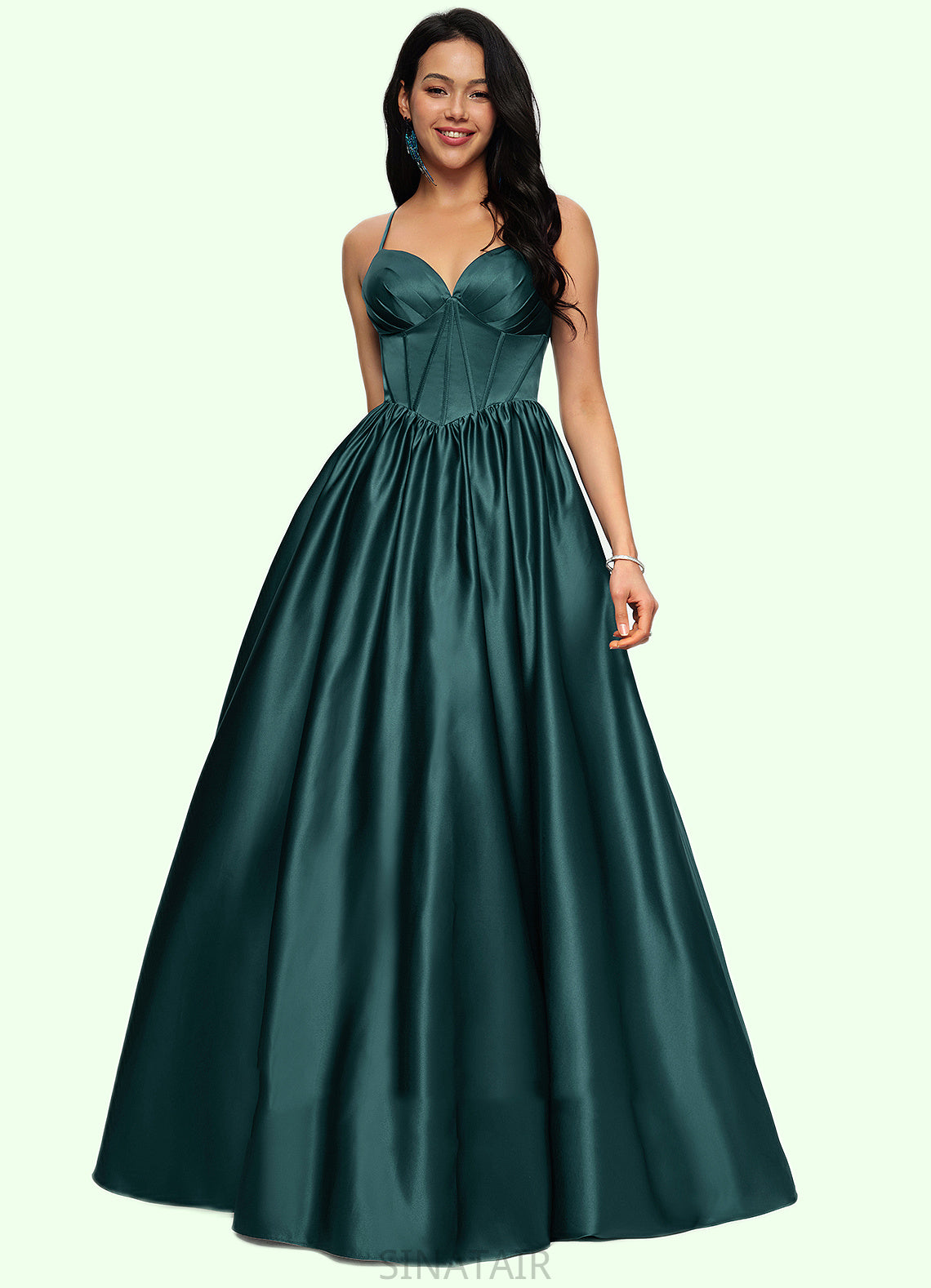 Riya Ball-Gown/Princess V-Neck Floor-Length Satin Prom Dresses With Pleated DHP0022230